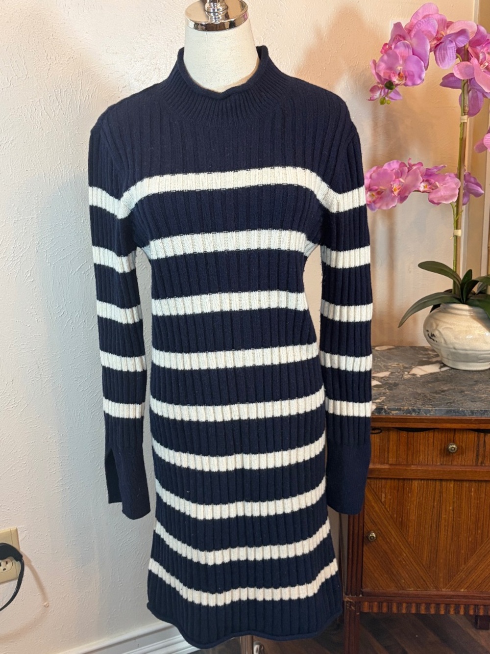 Vineyard Vines Striped Ribbed Sweater Dress Navy White Medium Merino Wool